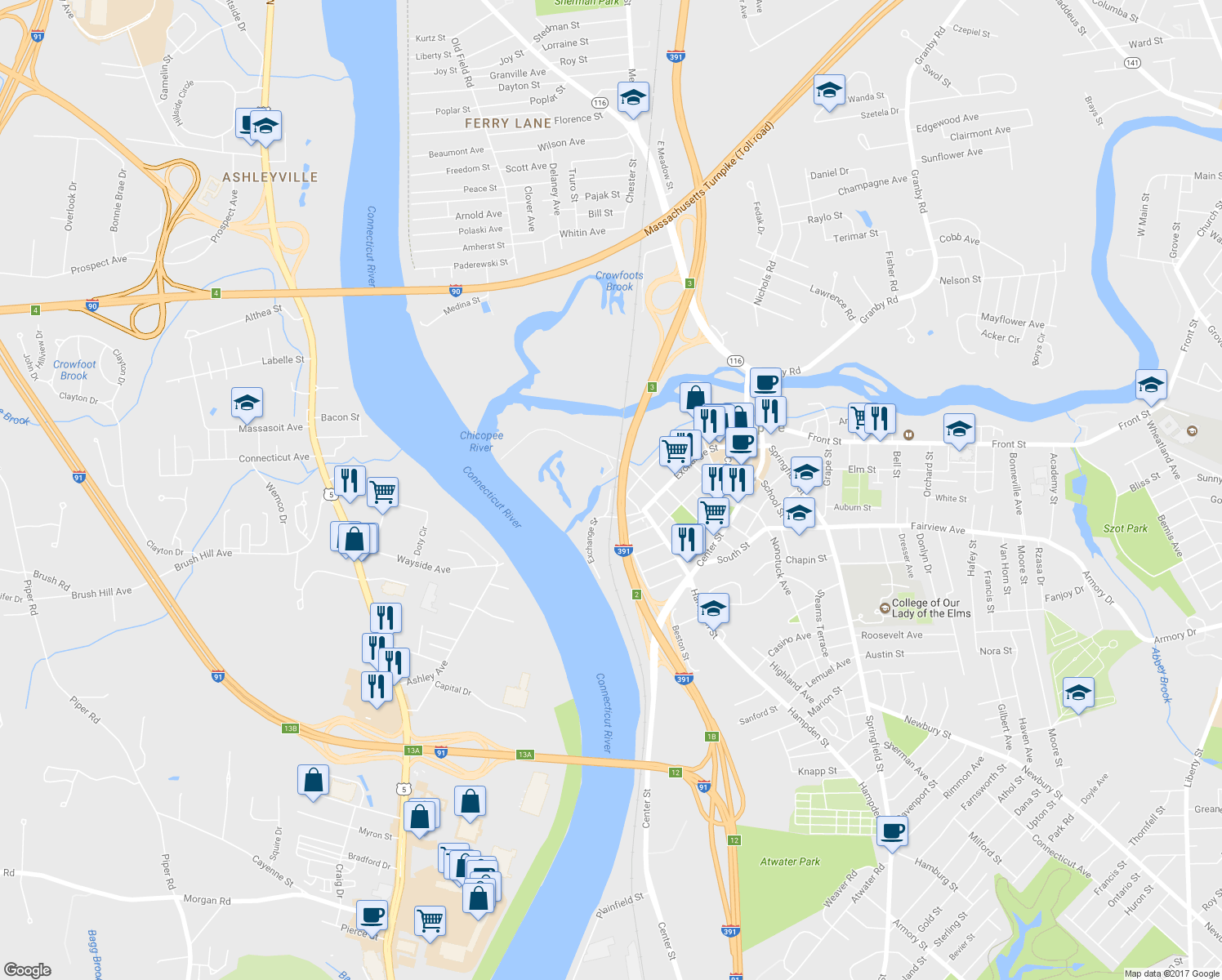 map of restaurants, bars, coffee shops, grocery stores, and more near 98 Railroad Row in Chicopee