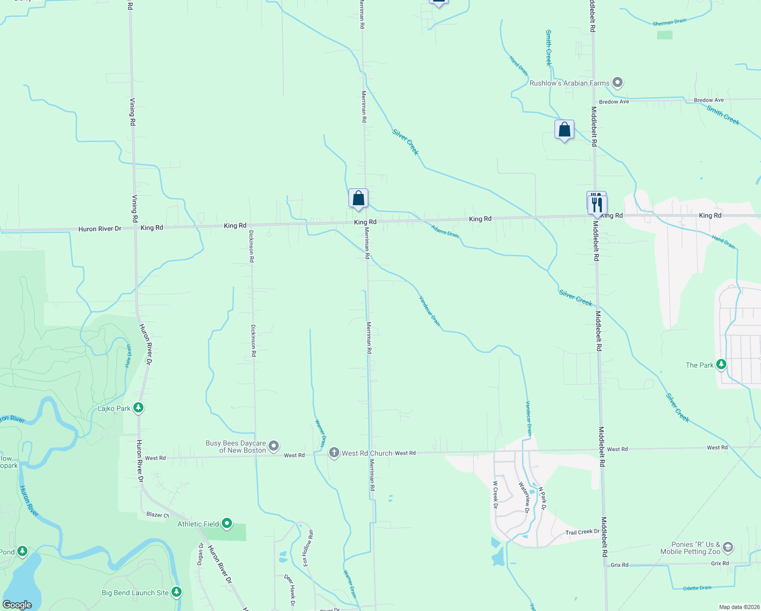 map of restaurants, bars, coffee shops, grocery stores, and more near 21809 Merriman Road in Huron Charter Township
