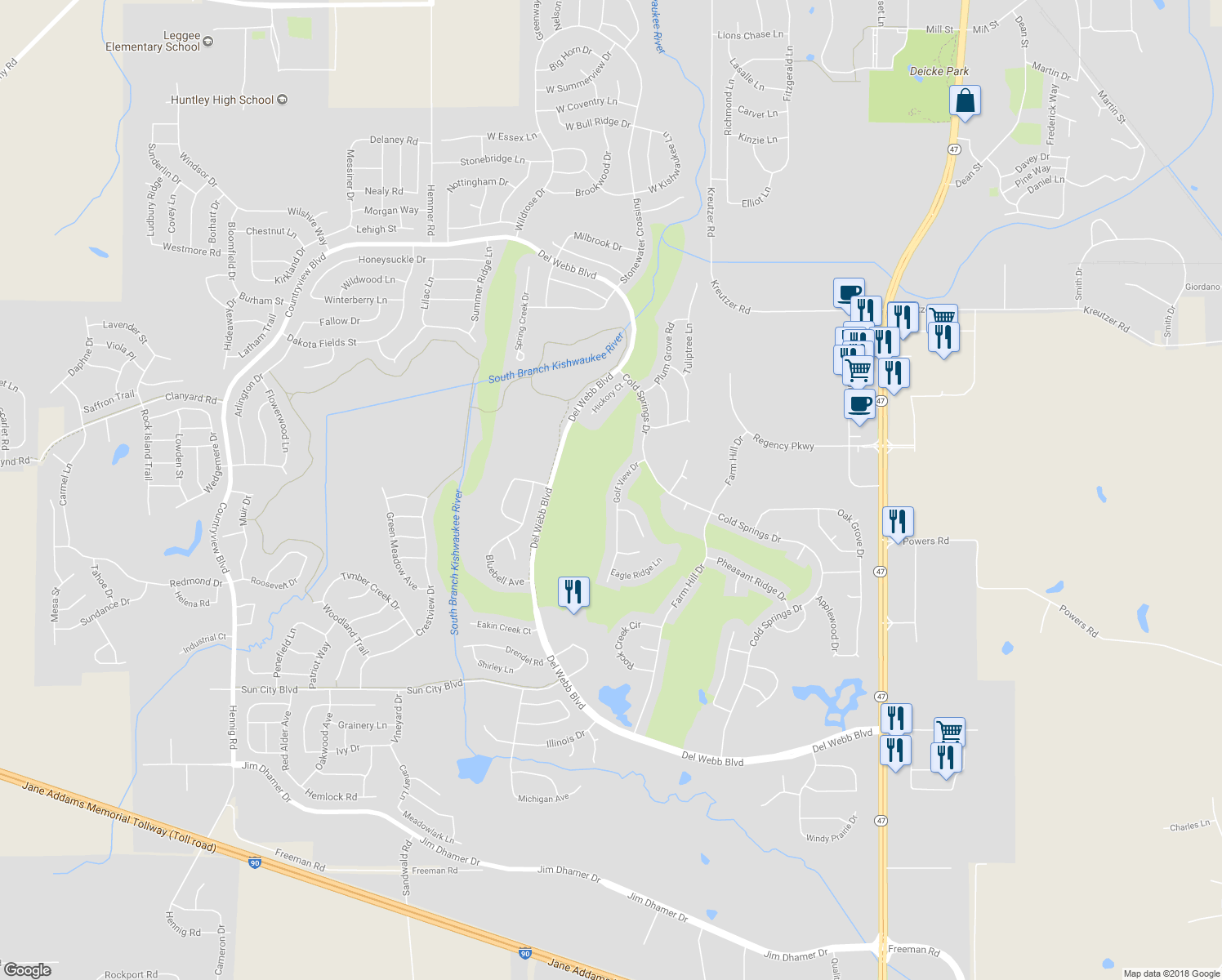 map of restaurants, bars, coffee shops, grocery stores, and more near 12591 Golf View Drive in Huntley