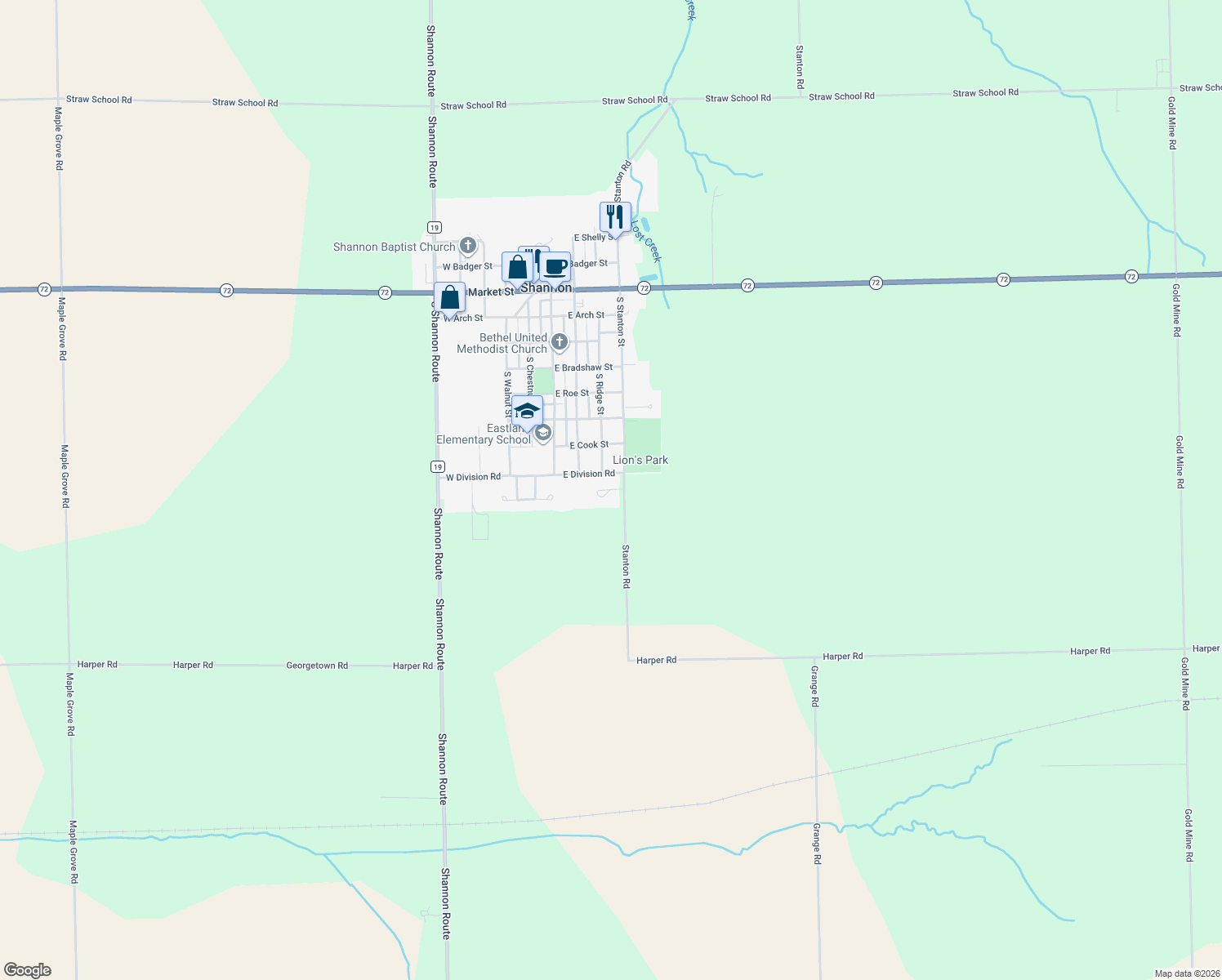 map of restaurants, bars, coffee shops, grocery stores, and more near 299 East Countryside Drive in Shannon
