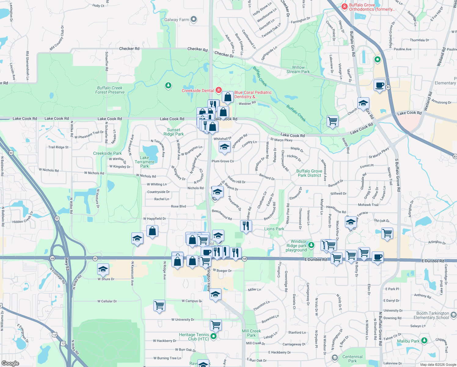 map of restaurants, bars, coffee shops, grocery stores, and more near 405 Regent Drive in Buffalo Grove