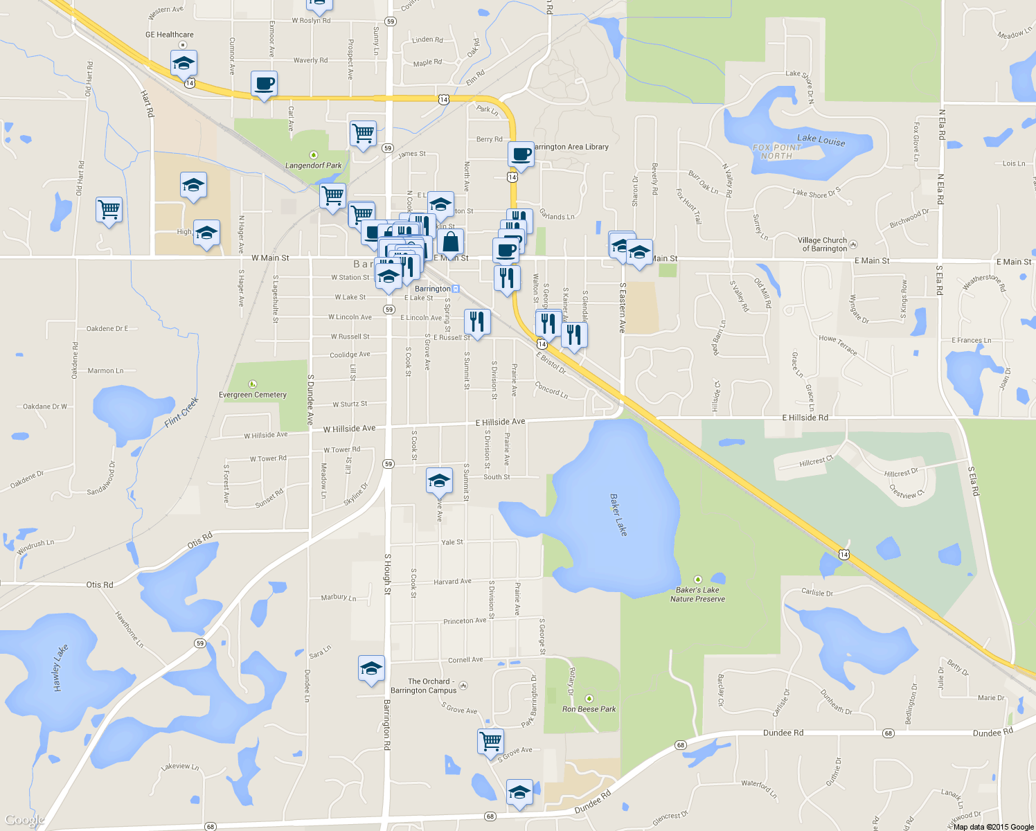 map of restaurants, bars, coffee shops, grocery stores, and more near 600 E Hillside Ave in Barrington