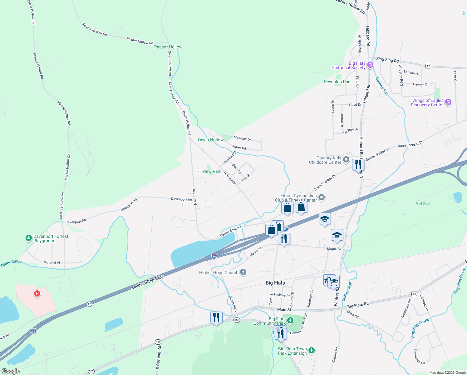 map of restaurants, bars, coffee shops, grocery stores, and more near 81 Hillview Dr in Big Flats