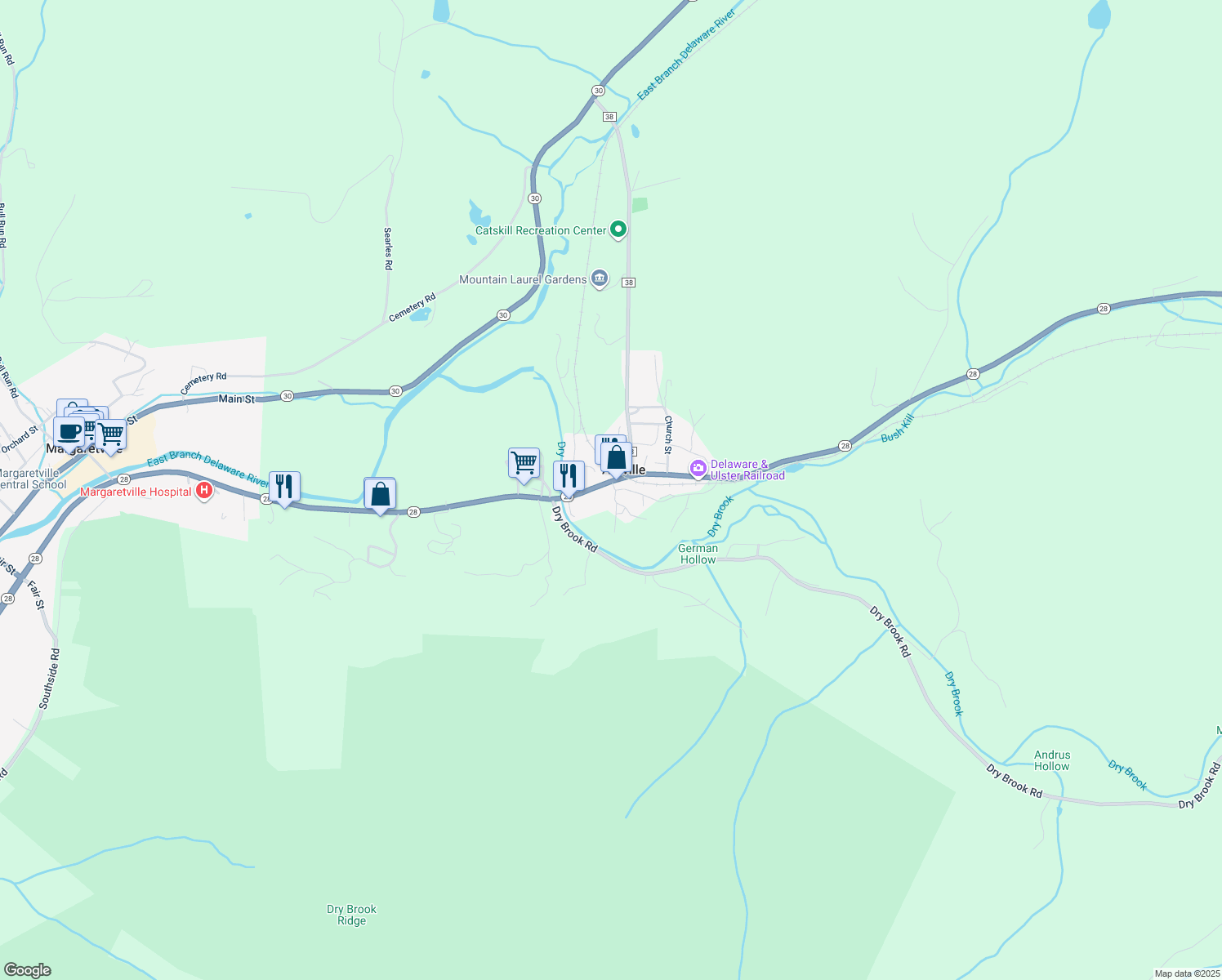 map of restaurants, bars, coffee shops, grocery stores, and more near 129 Franks Street in Arkville
