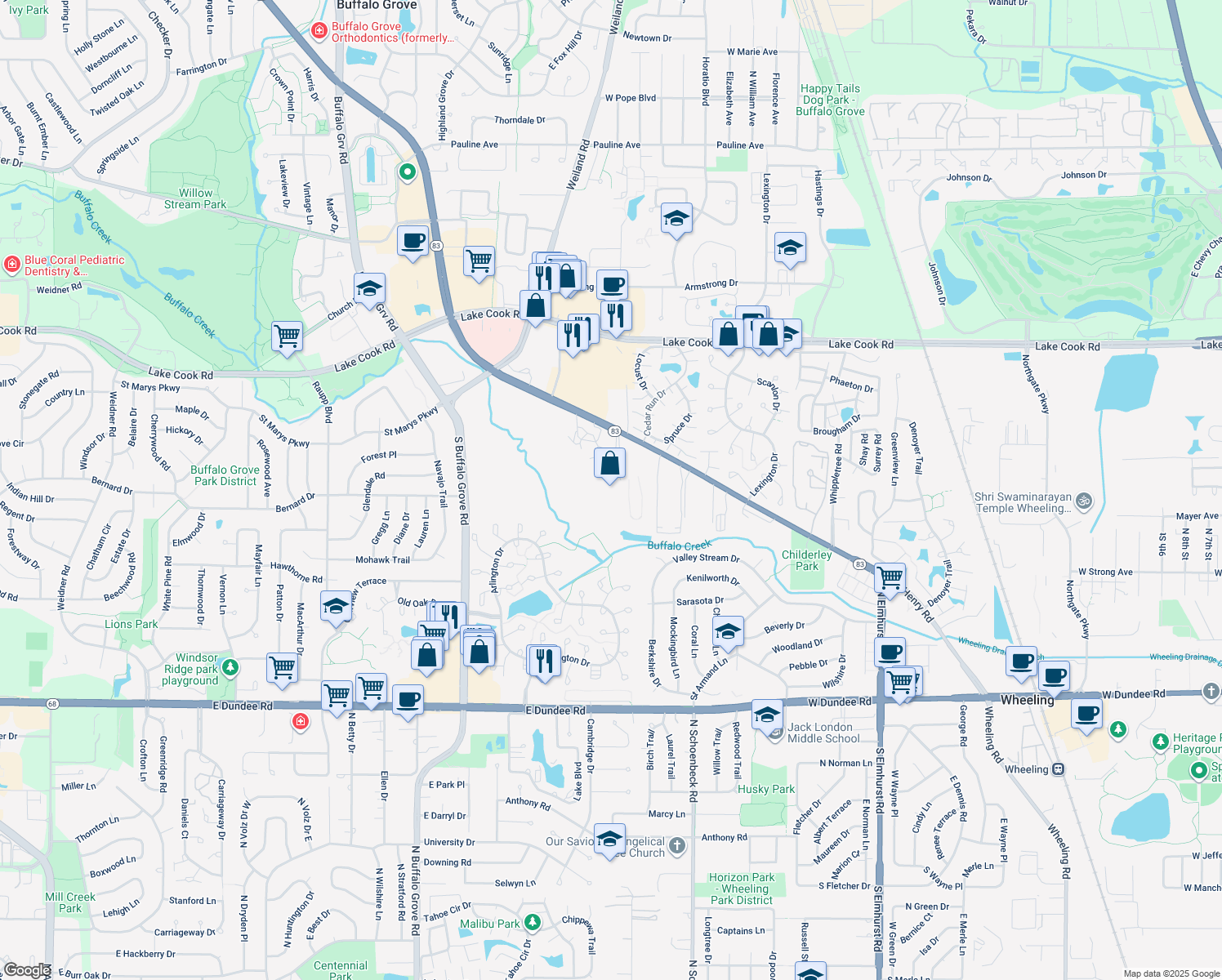 map of restaurants, bars, coffee shops, grocery stores, and more near 910 McHenry Road in Wheeling