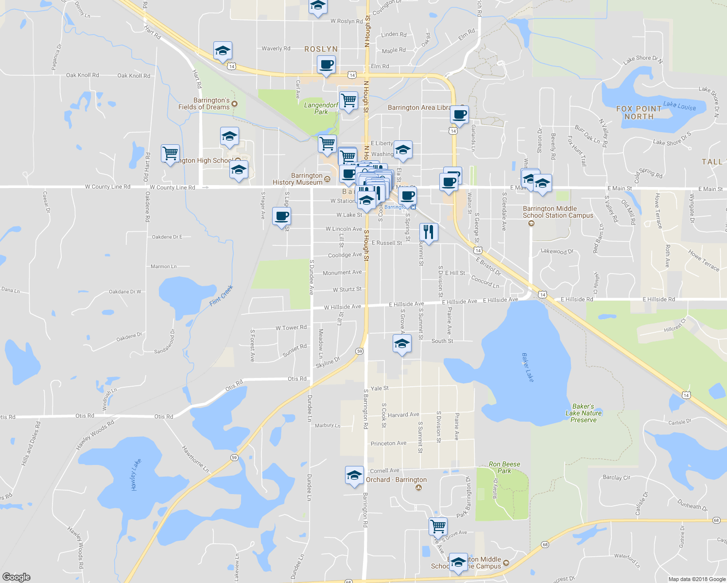 map of restaurants, bars, coffee shops, grocery stores, and more near 638 South Hough Street in Barrington