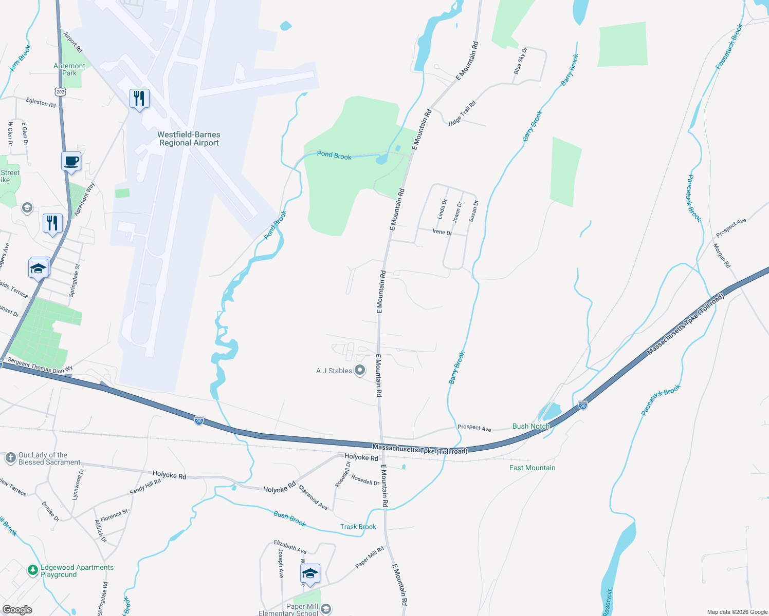 map of restaurants, bars, coffee shops, grocery stores, and more near 1215 East Mountain Road in Westfield