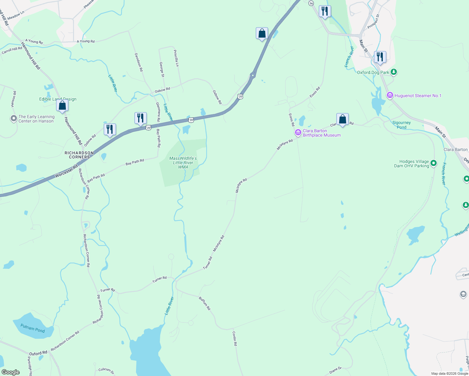 map of restaurants, bars, coffee shops, grocery stores, and more near 36 McIntyre Road in Oxford