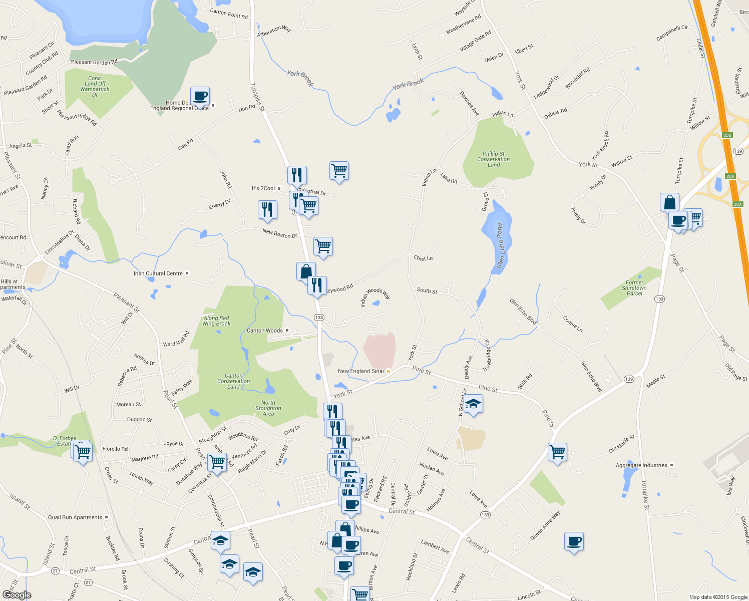 map of restaurants, bars, coffee shops, grocery stores, and more near 06 Indian Woods Way in Canton