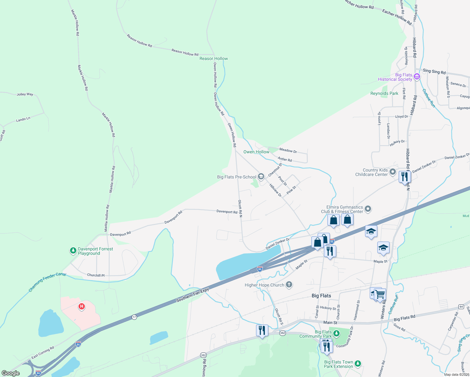map of restaurants, bars, coffee shops, grocery stores, and more near 91 Olcott Rd N in Big Flats