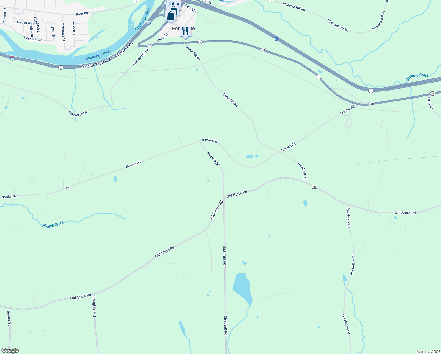 map of restaurants, bars, coffee shops, grocery stores, and more near 675 Stratmill Rd in Binghamton