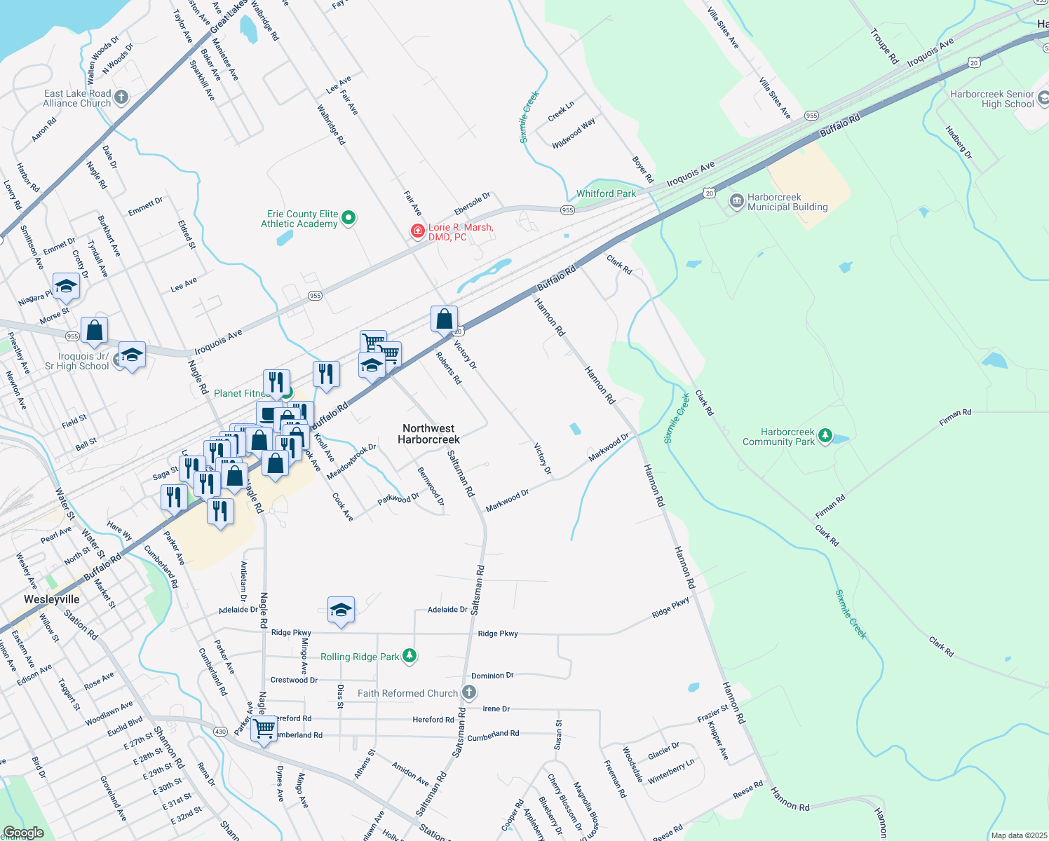 map of restaurants, bars, coffee shops, grocery stores, and more near 2295 Victory Dr in Erie