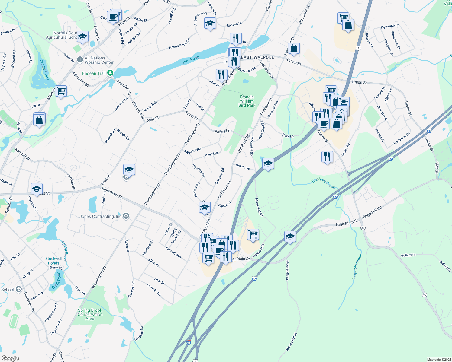 map of restaurants, bars, coffee shops, grocery stores, and more near 47 Old Post Rd in Walpole