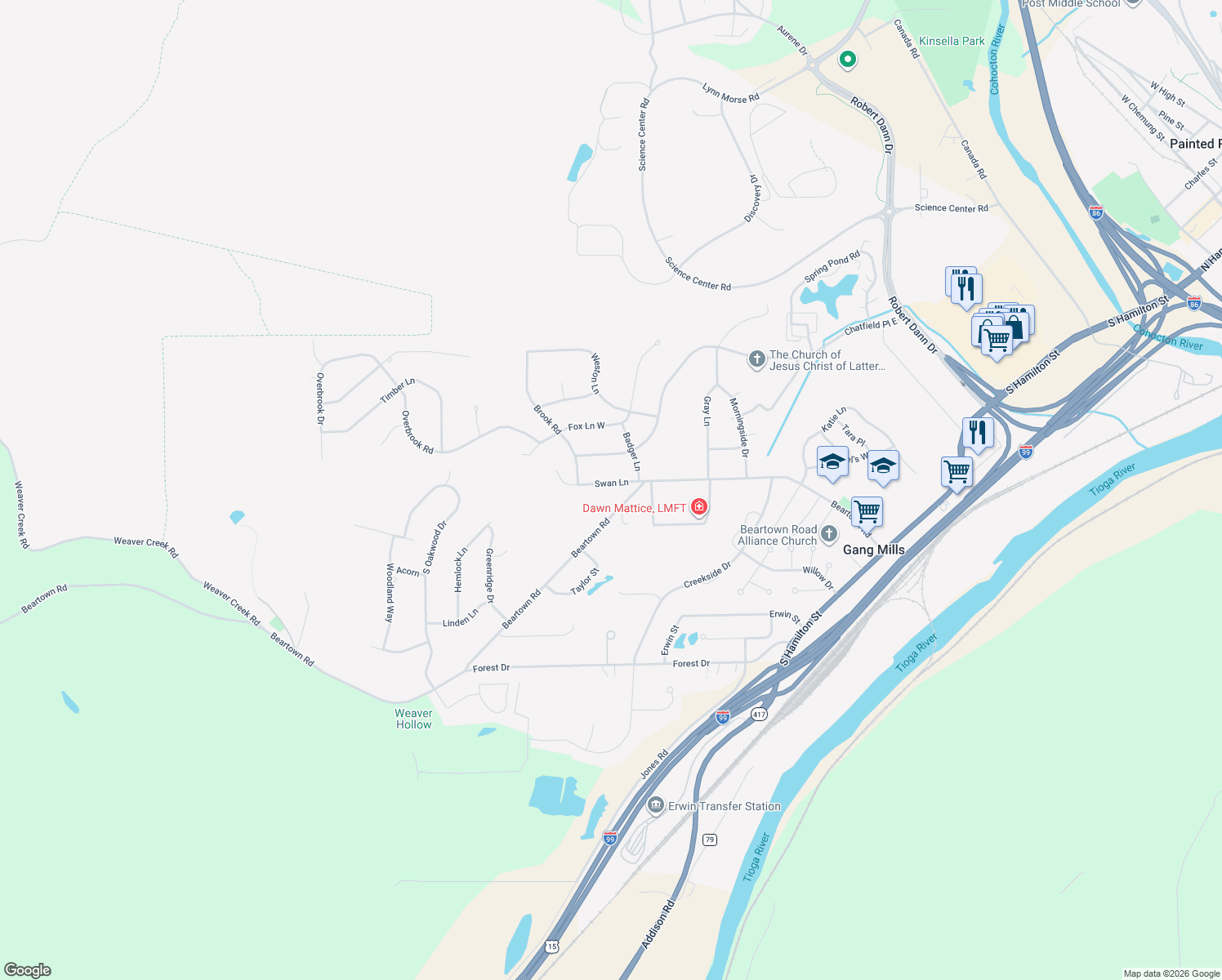 map of restaurants, bars, coffee shops, grocery stores, and more near 9 Swan Ln in Painted Post