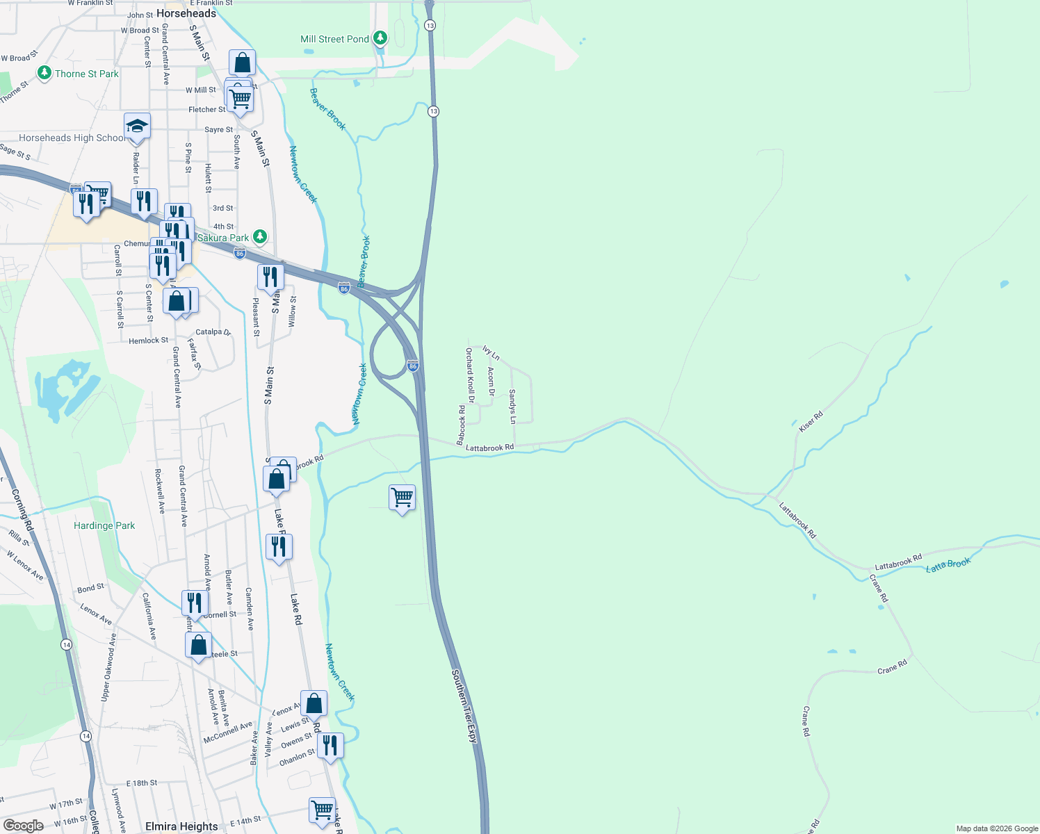 map of restaurants, bars, coffee shops, grocery stores, and more near 18 Sandys Ln in Horseheads