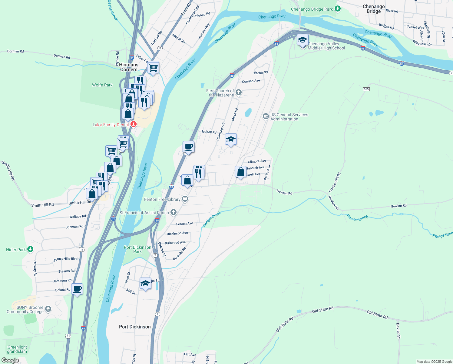 map of restaurants, bars, coffee shops, grocery stores, and more near 59 Nowlan Rd in Binghamton