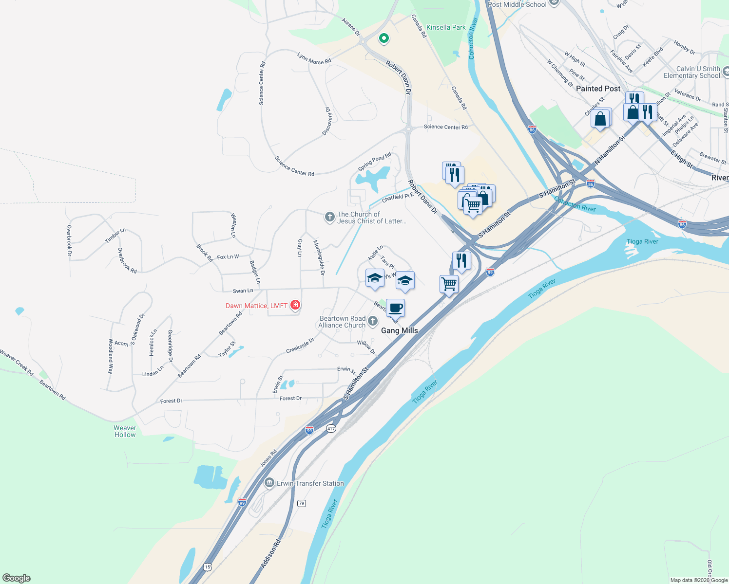 map of restaurants, bars, coffee shops, grocery stores, and more near 70 Beartown Road in Painted Post
