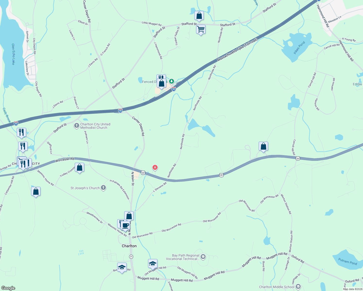 map of restaurants, bars, coffee shops, grocery stores, and more near 33 Northside Road in Charlton