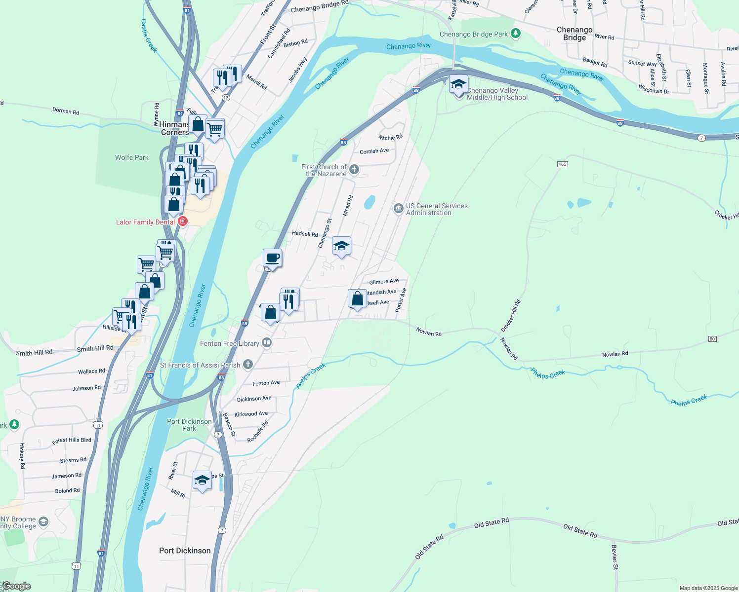 map of restaurants, bars, coffee shops, grocery stores, and more near 8 Standish Ave in Binghamton