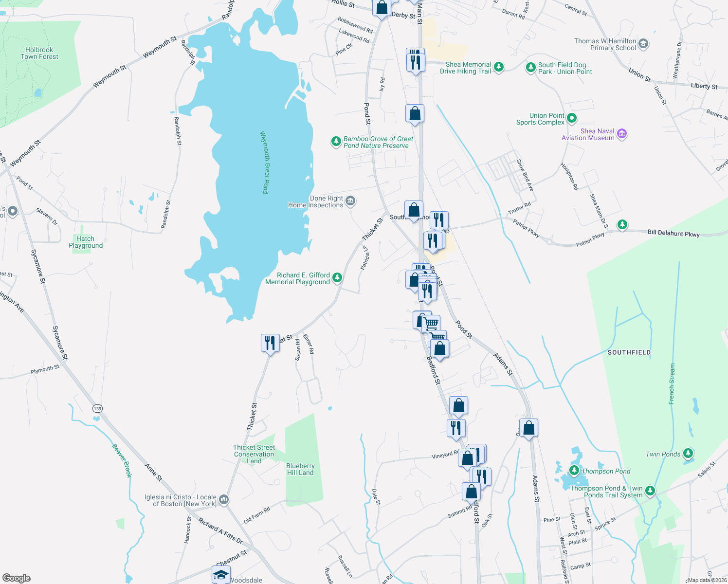 map of restaurants, bars, coffee shops, grocery stores, and more near 106 Patricia Ln in Weymouth