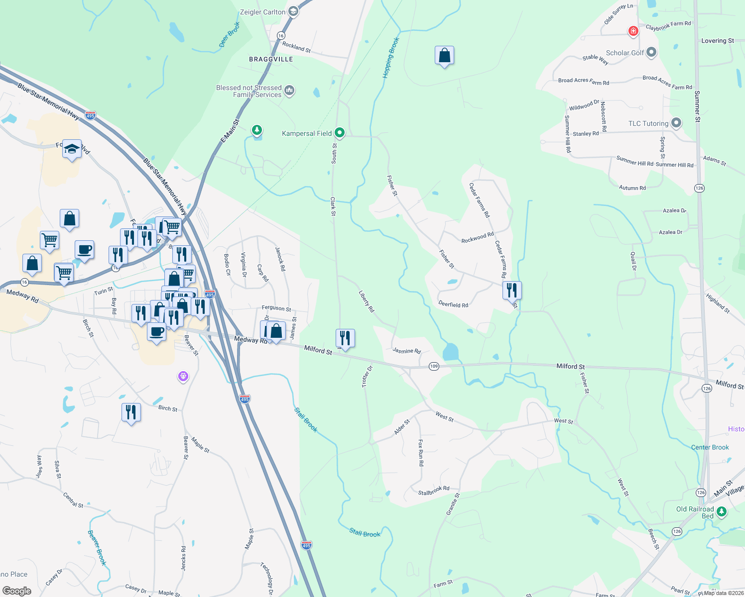 map of restaurants, bars, coffee shops, grocery stores, and more near 7 Liberty Road in Medway