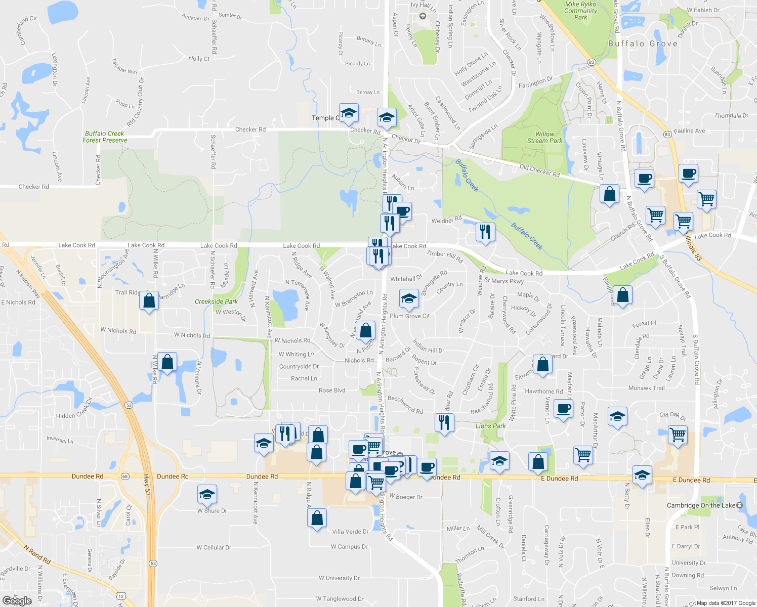 map of restaurants, bars, coffee shops, grocery stores, and more near 4105 North Highland Avenue in Arlington Heights