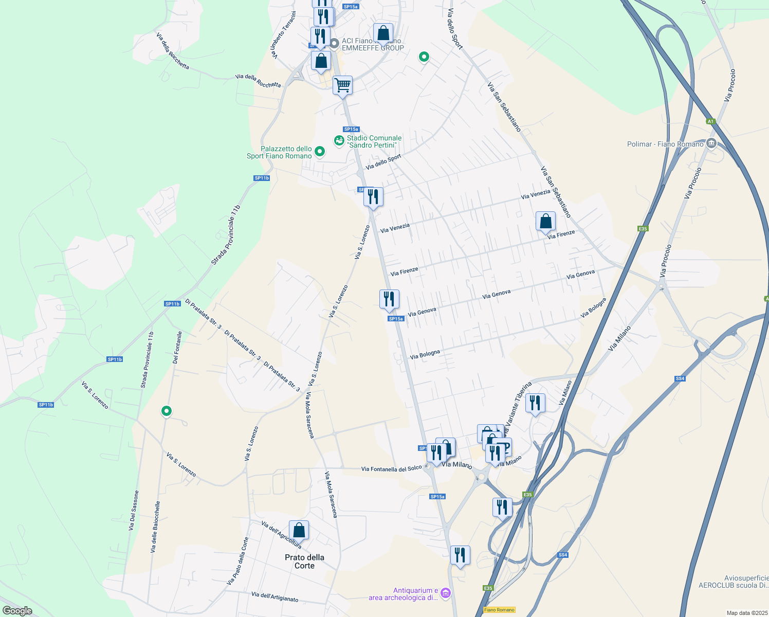 map of restaurants, bars, coffee shops, grocery stores, and more near 47 Strada Provinciale 15a in Fiano Romano