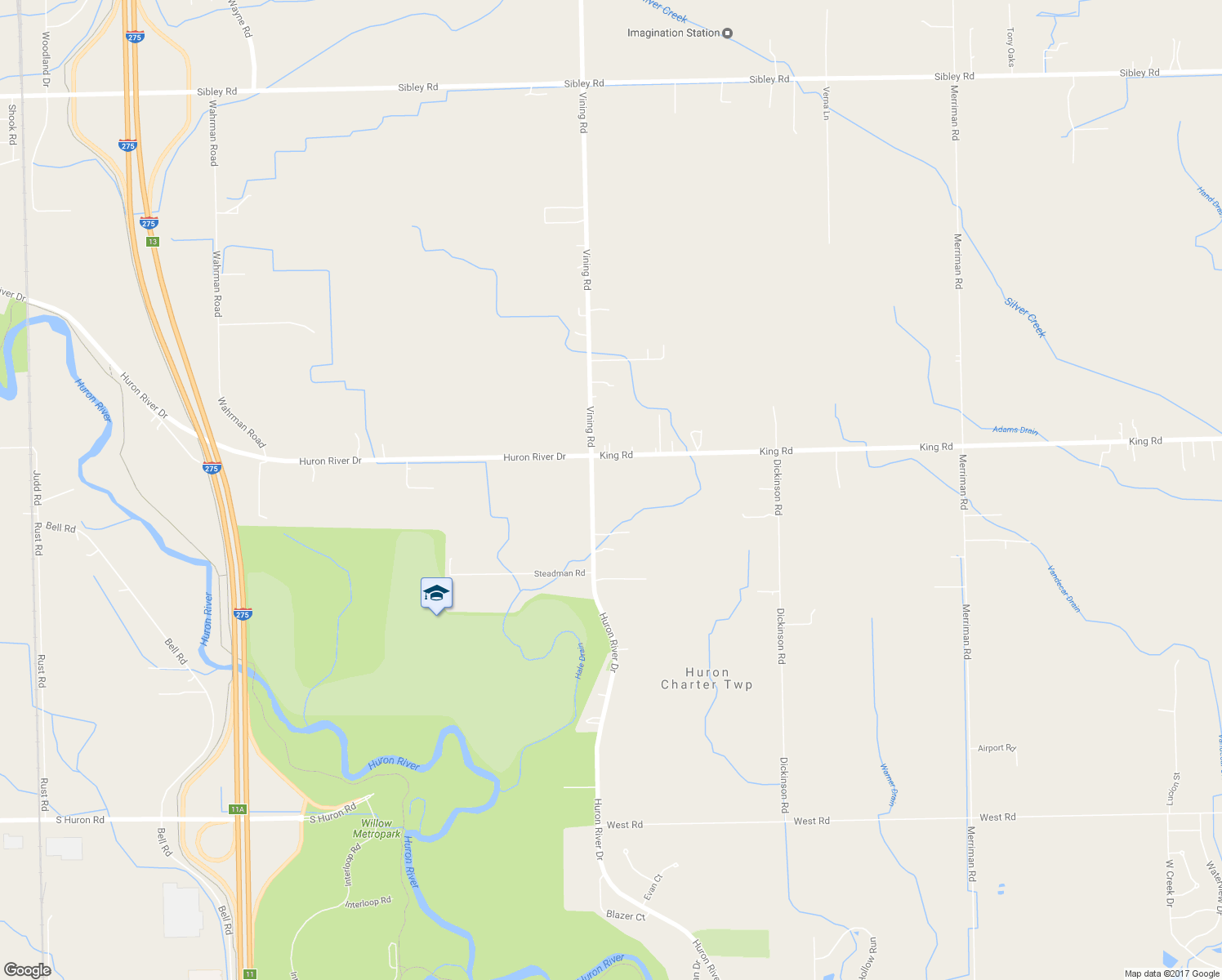 map of restaurants, bars, coffee shops, grocery stores, and more near 21205 Huron River Drive in Huron Charter Township