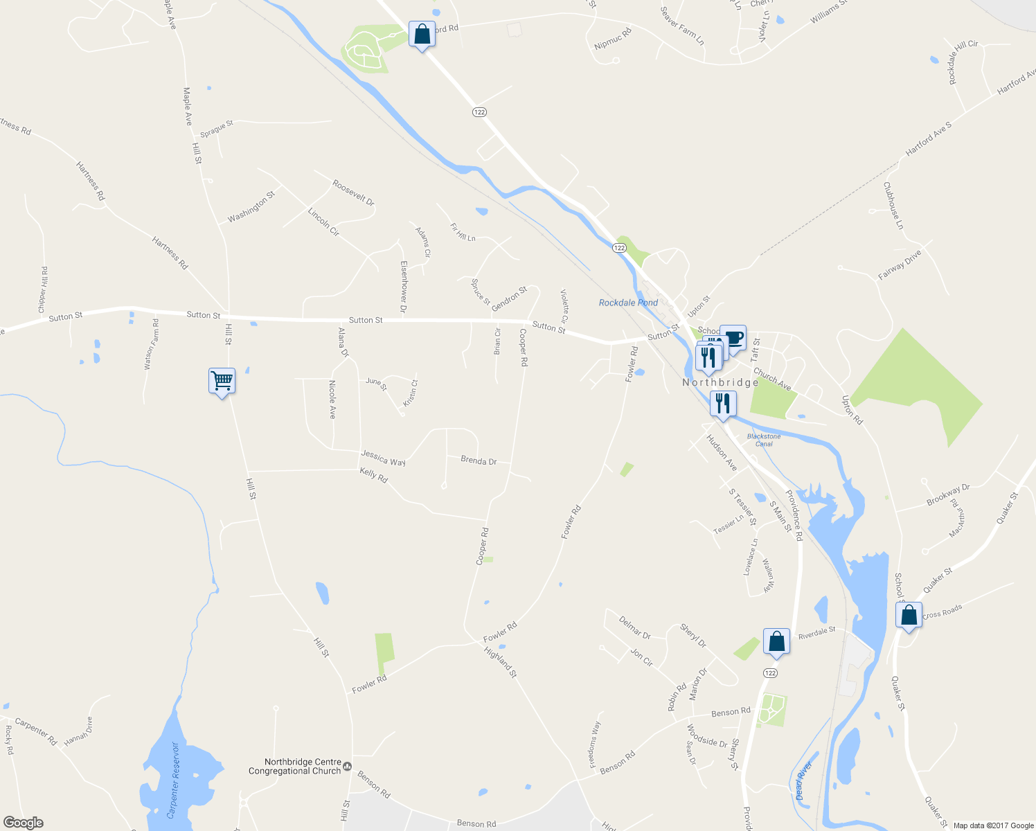 map of restaurants, bars, coffee shops, grocery stores, and more near 402 Cooper Road in Northbridge