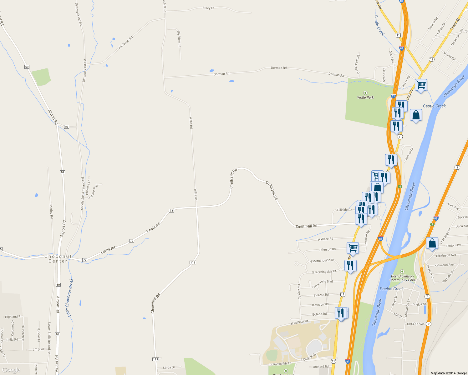 map of restaurants, bars, coffee shops, grocery stores, and more near 68 Smith Hill Rd in Binghamton