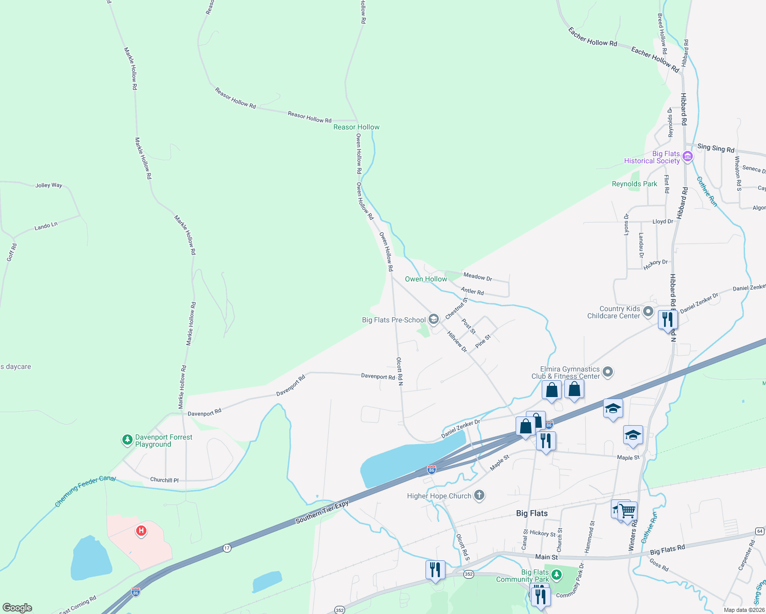 map of restaurants, bars, coffee shops, grocery stores, and more near 121 Olcott Road North in Big Flats