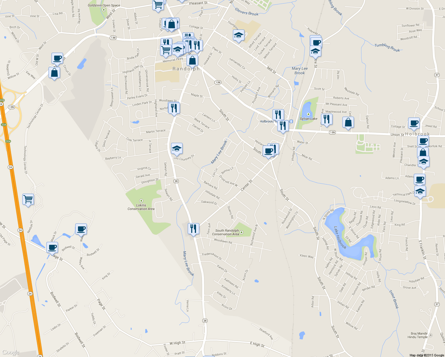 map of restaurants, bars, coffee shops, grocery stores, and more near 45 Druid Hill Avenue West in Randolph