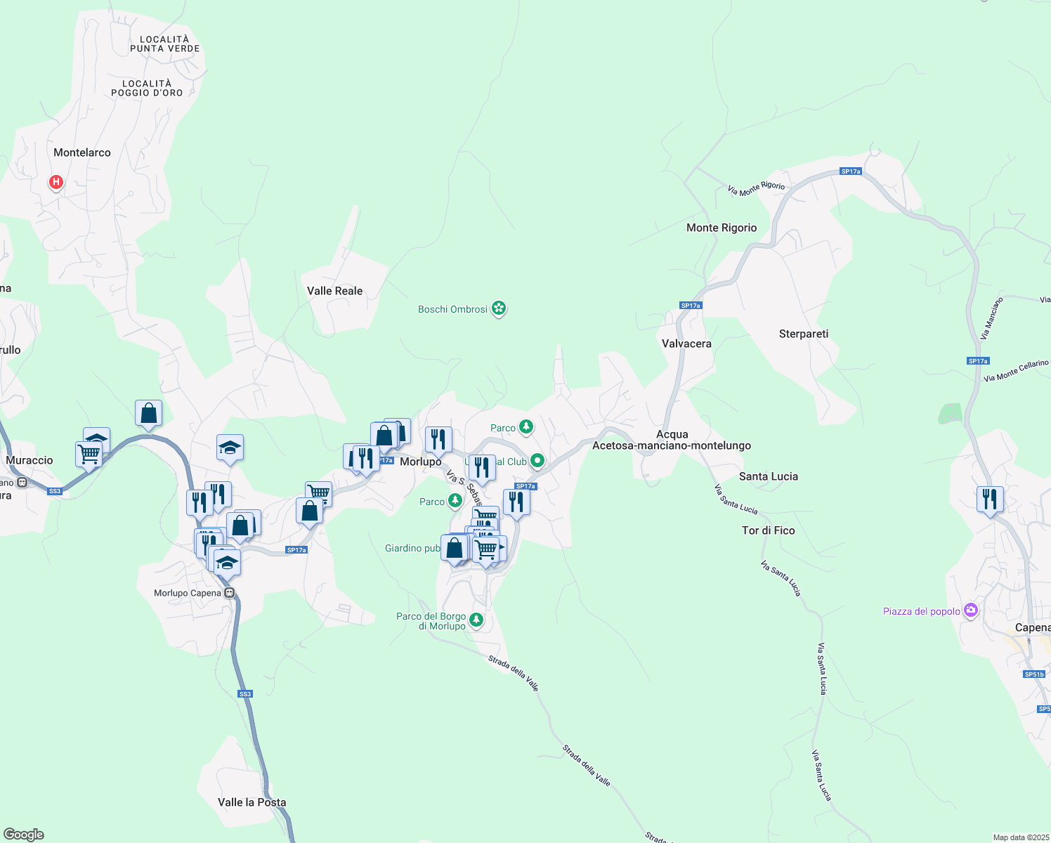 map of restaurants, bars, coffee shops, grocery stores, and more near 24 Via Umberto Boccioni in Morlupo