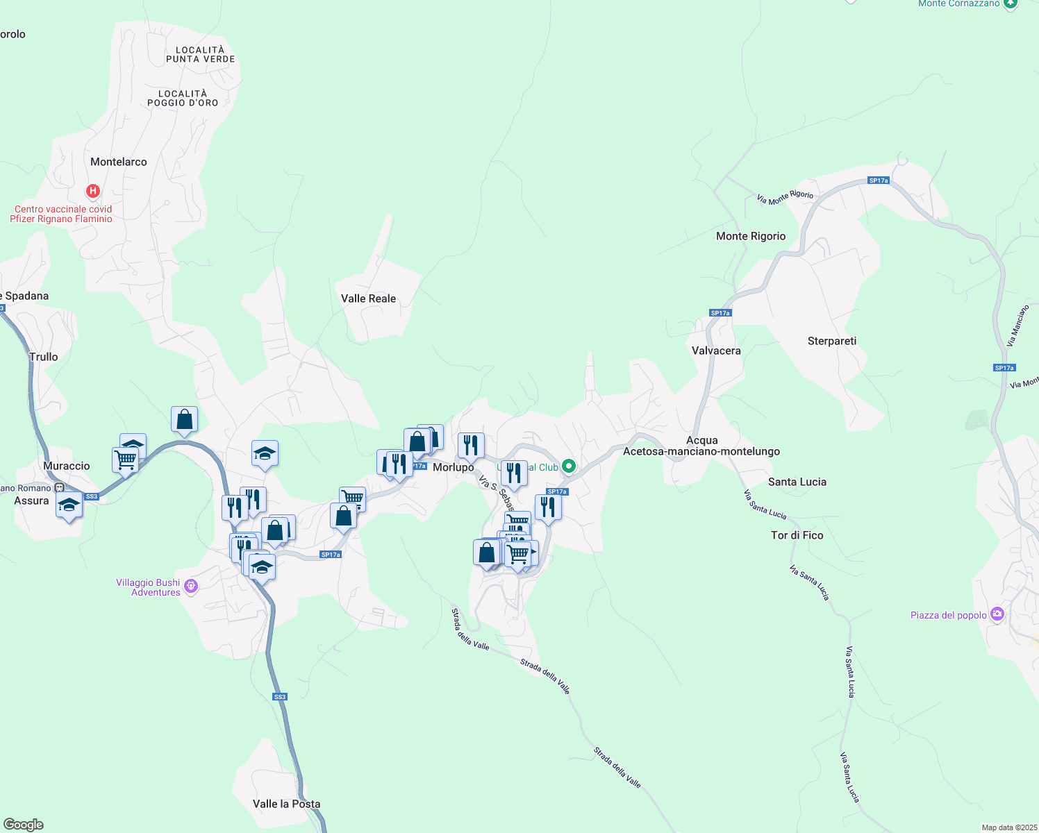 map of restaurants, bars, coffee shops, grocery stores, and more near 215 Località Pastinalupo in Morlupo