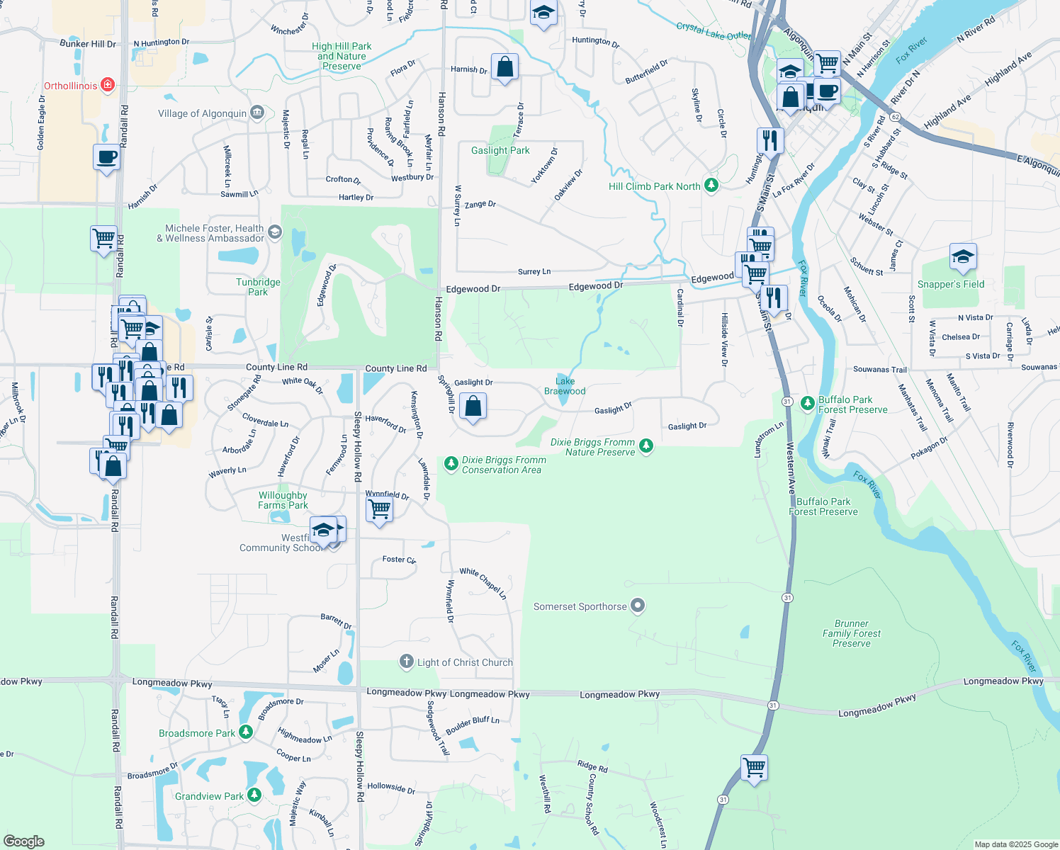 map of restaurants, bars, coffee shops, grocery stores, and more near 1125 Springhill Drive in Algonquin