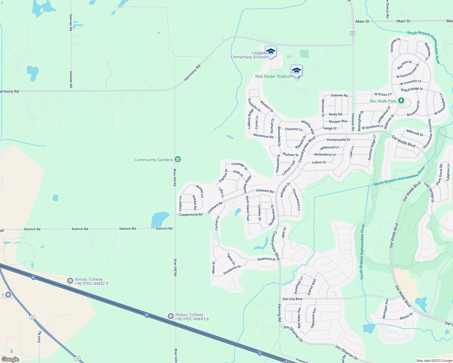 map of restaurants, bars, coffee shops, grocery stores, and more near 14225 Ginger Way in Huntley