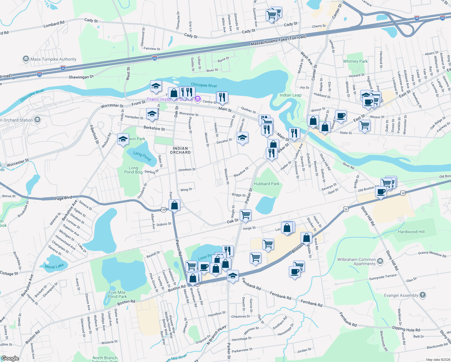 map of restaurants, bars, coffee shops, grocery stores, and more near 146 Mazarin Street in Springfield