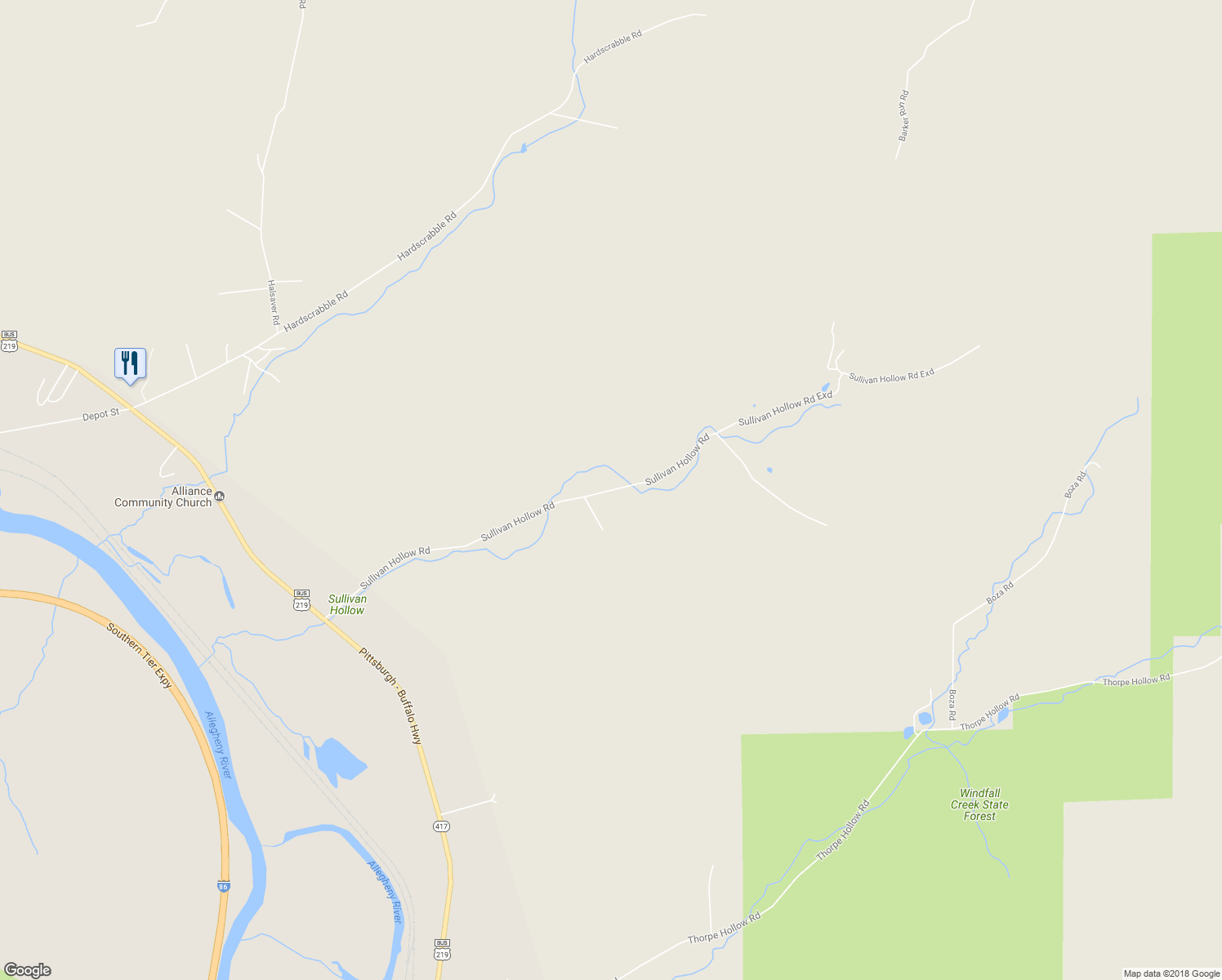 map of restaurants, bars, coffee shops, grocery stores, and more near Sullivan Hollow Road in Cattaraugus County