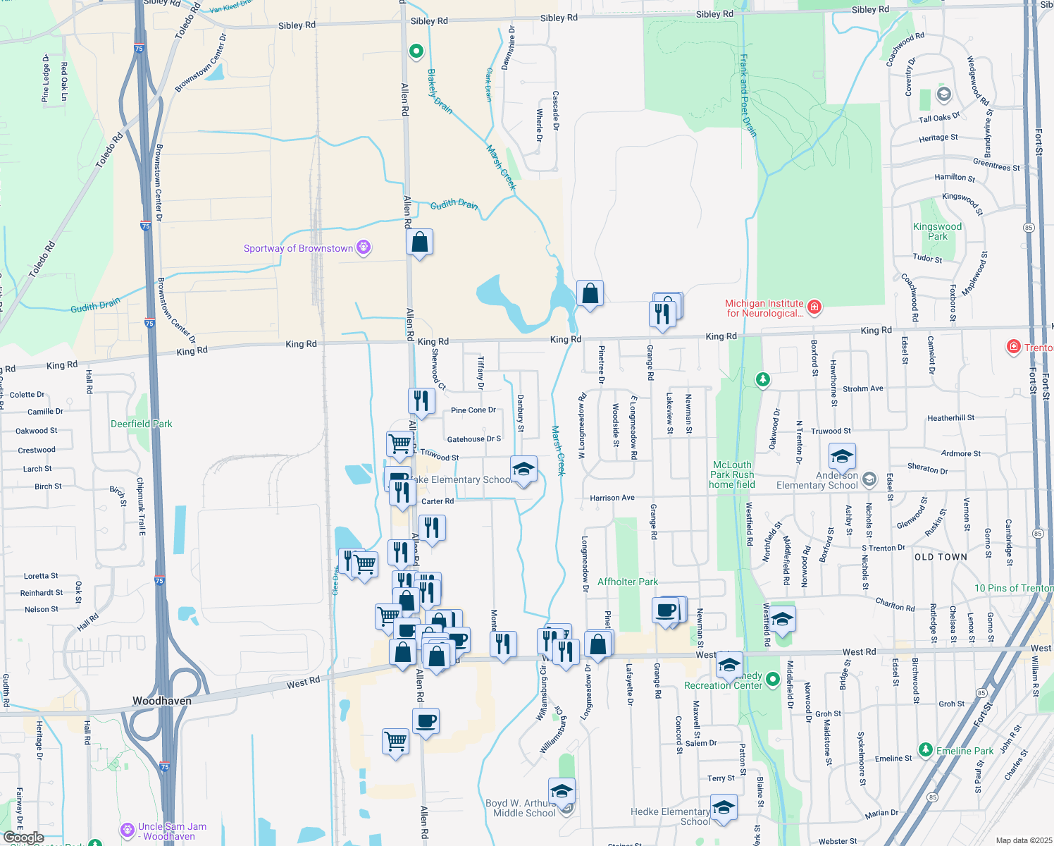 map of restaurants, bars, coffee shops, grocery stores, and more near 21475 Danbury Street in Trenton