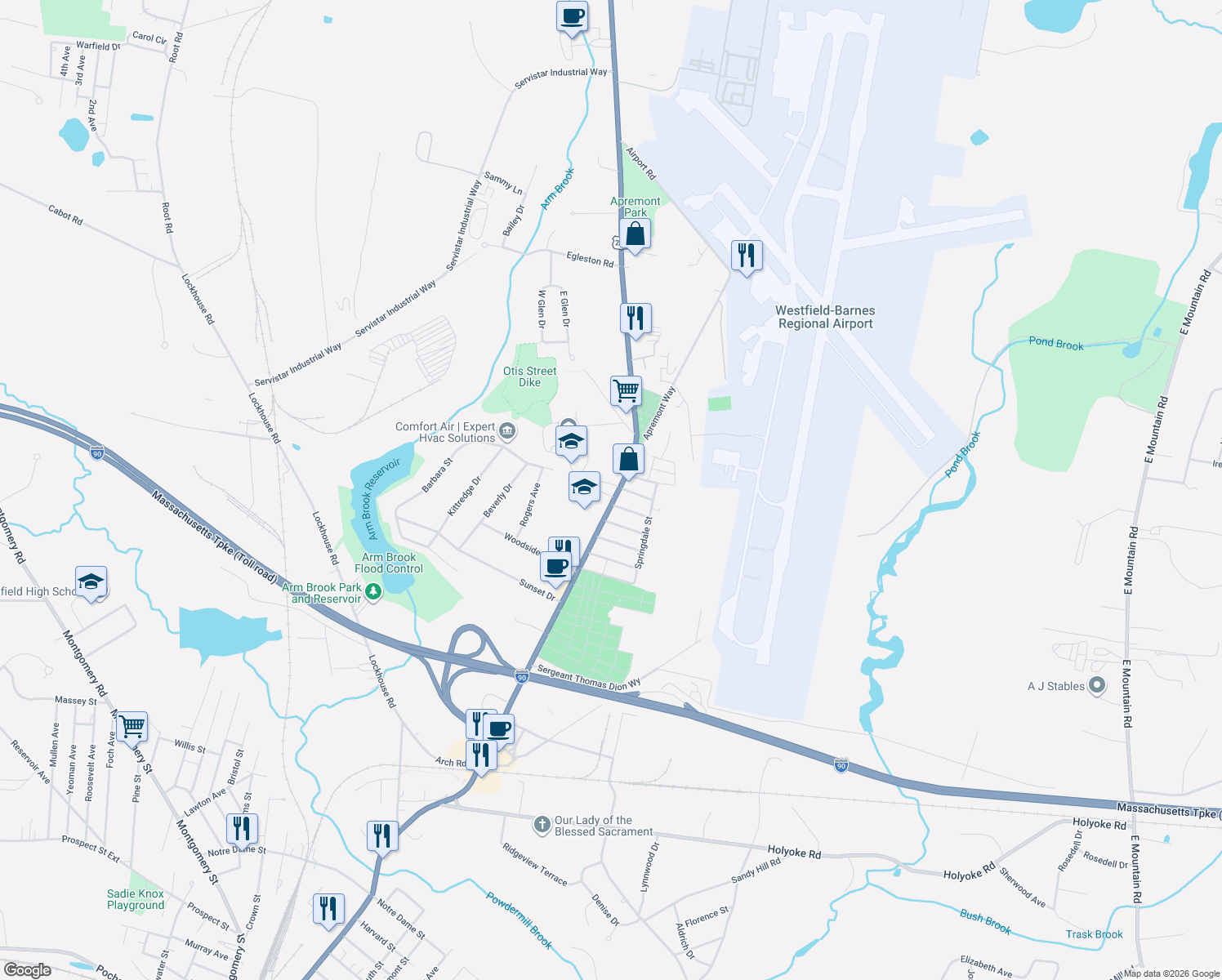 map of restaurants, bars, coffee shops, grocery stores, and more near 380 Southampton Road in Westfield