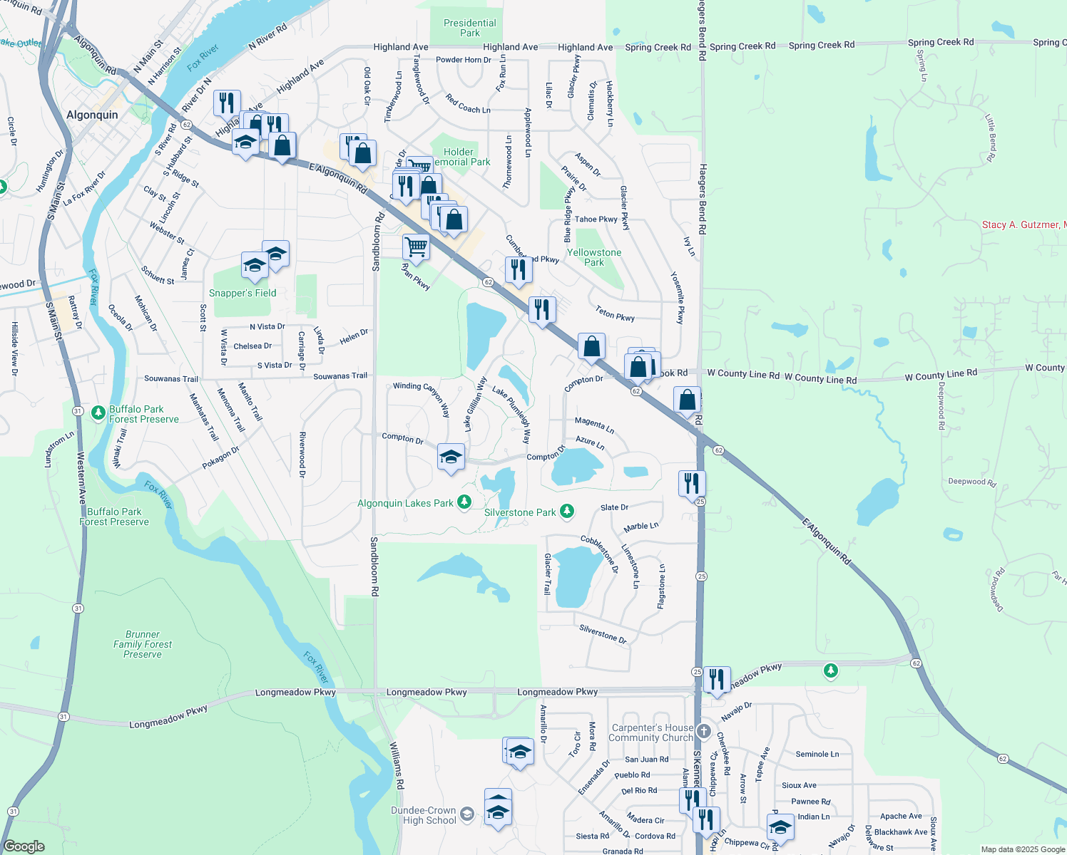 map of restaurants, bars, coffee shops, grocery stores, and more near 441 Lake Plumleigh Way in Algonquin
