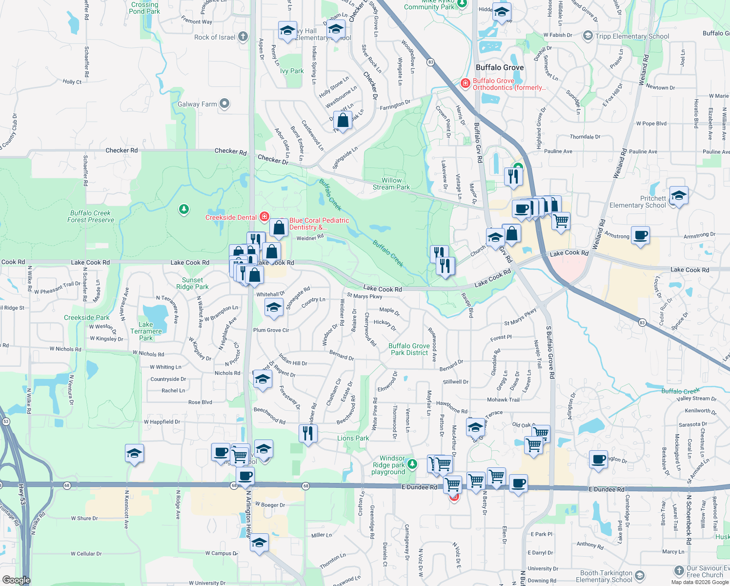 map of restaurants, bars, coffee shops, grocery stores, and more near 722 Saint Marys Parkway in Buffalo Grove
