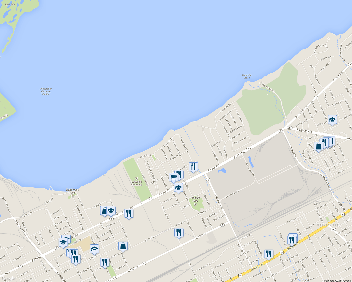 map of restaurants, bars, coffee shops, grocery stores, and more near 19 Eagle Point Blvd in Erie