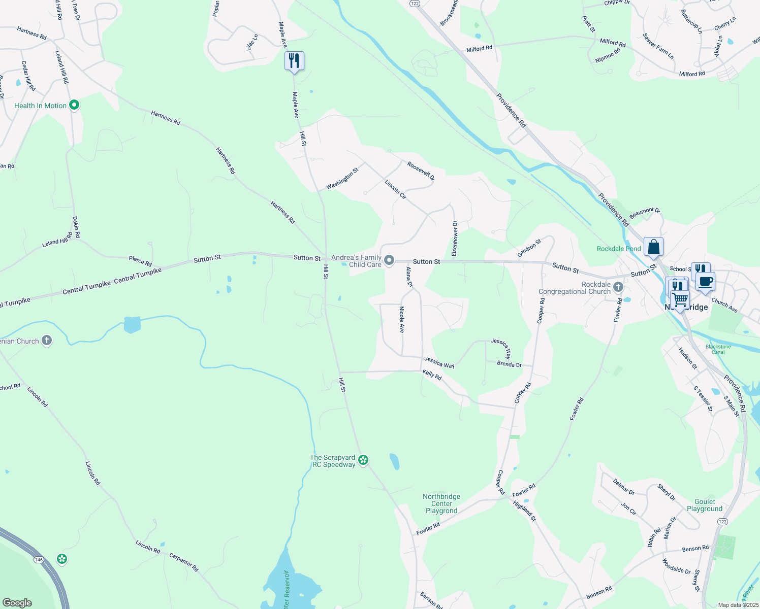 map of restaurants, bars, coffee shops, grocery stores, and more near 51 Danielle Lane in Northbridge