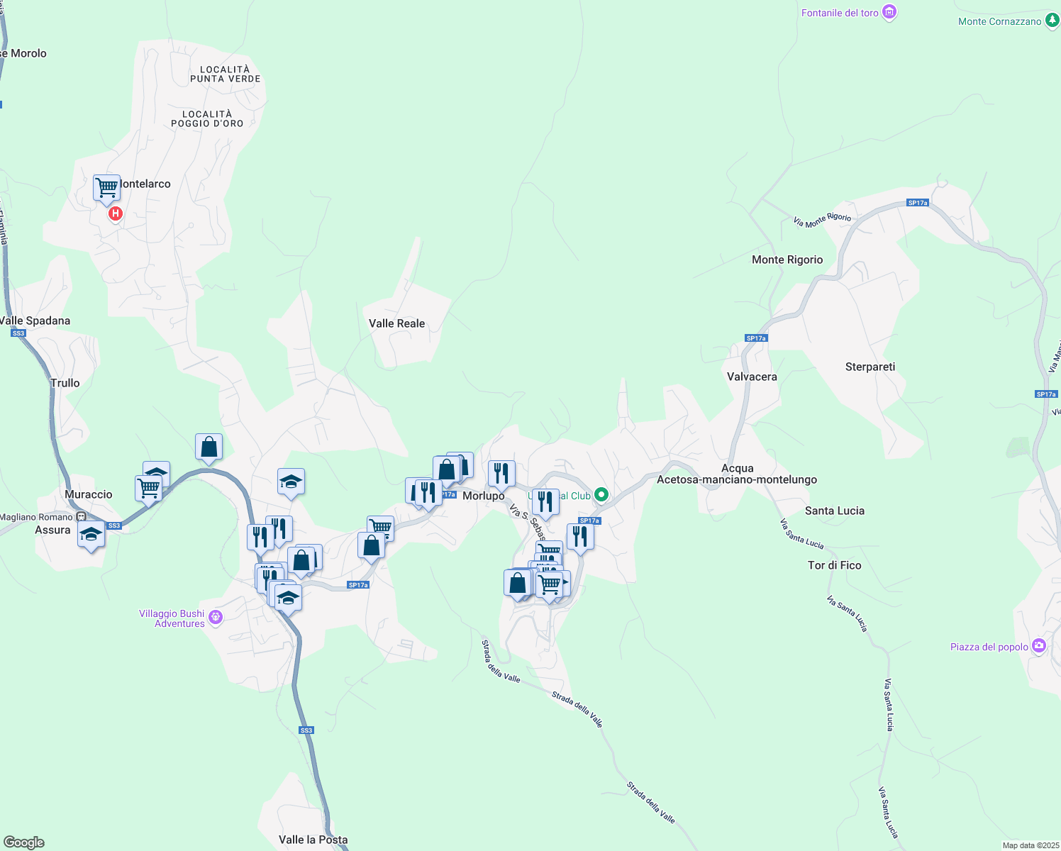 map of restaurants, bars, coffee shops, grocery stores, and more near 215 Località Pastinalupo in Morlupo