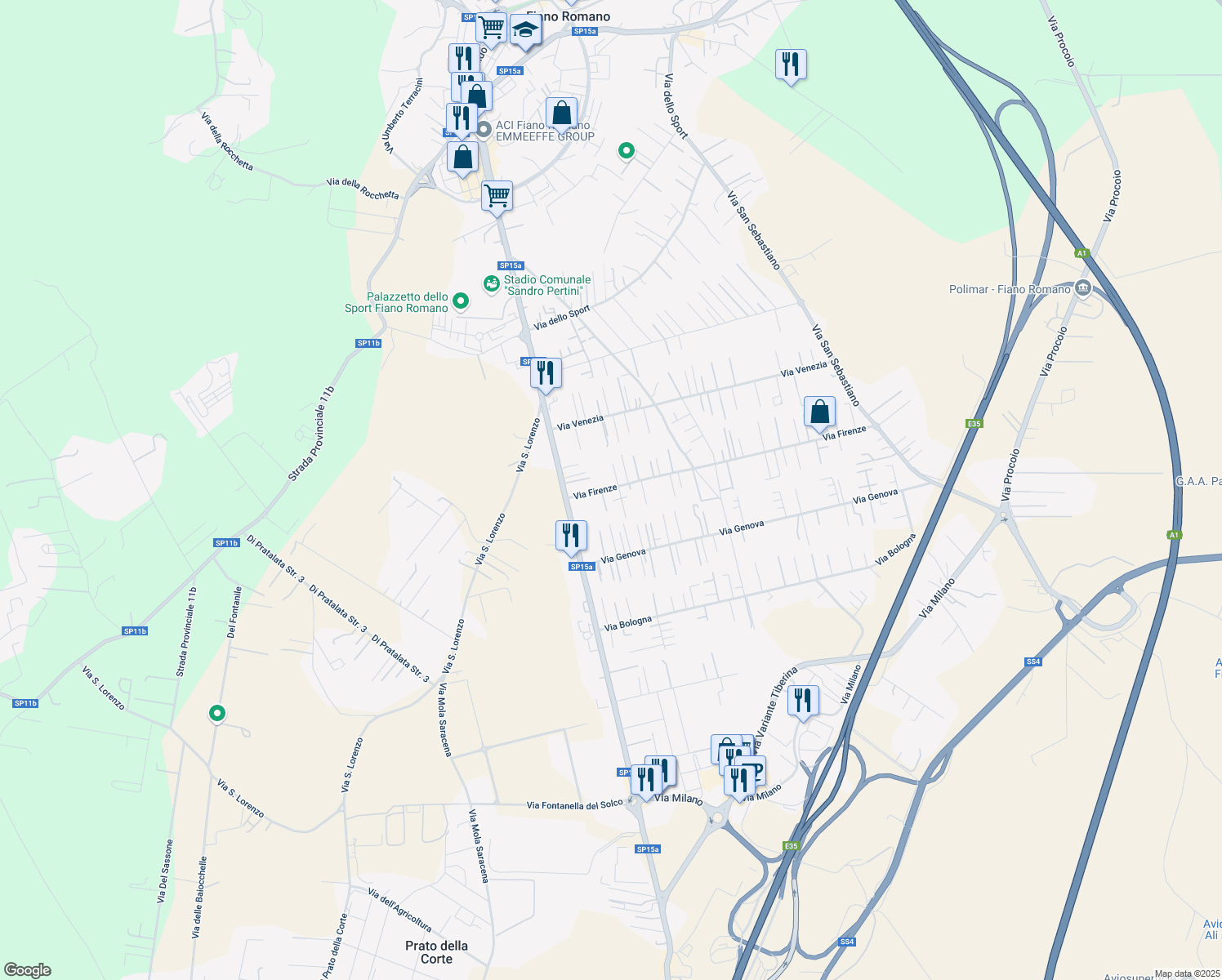 map of restaurants, bars, coffee shops, grocery stores, and more near 15 Via Firenze in Fiano Romano