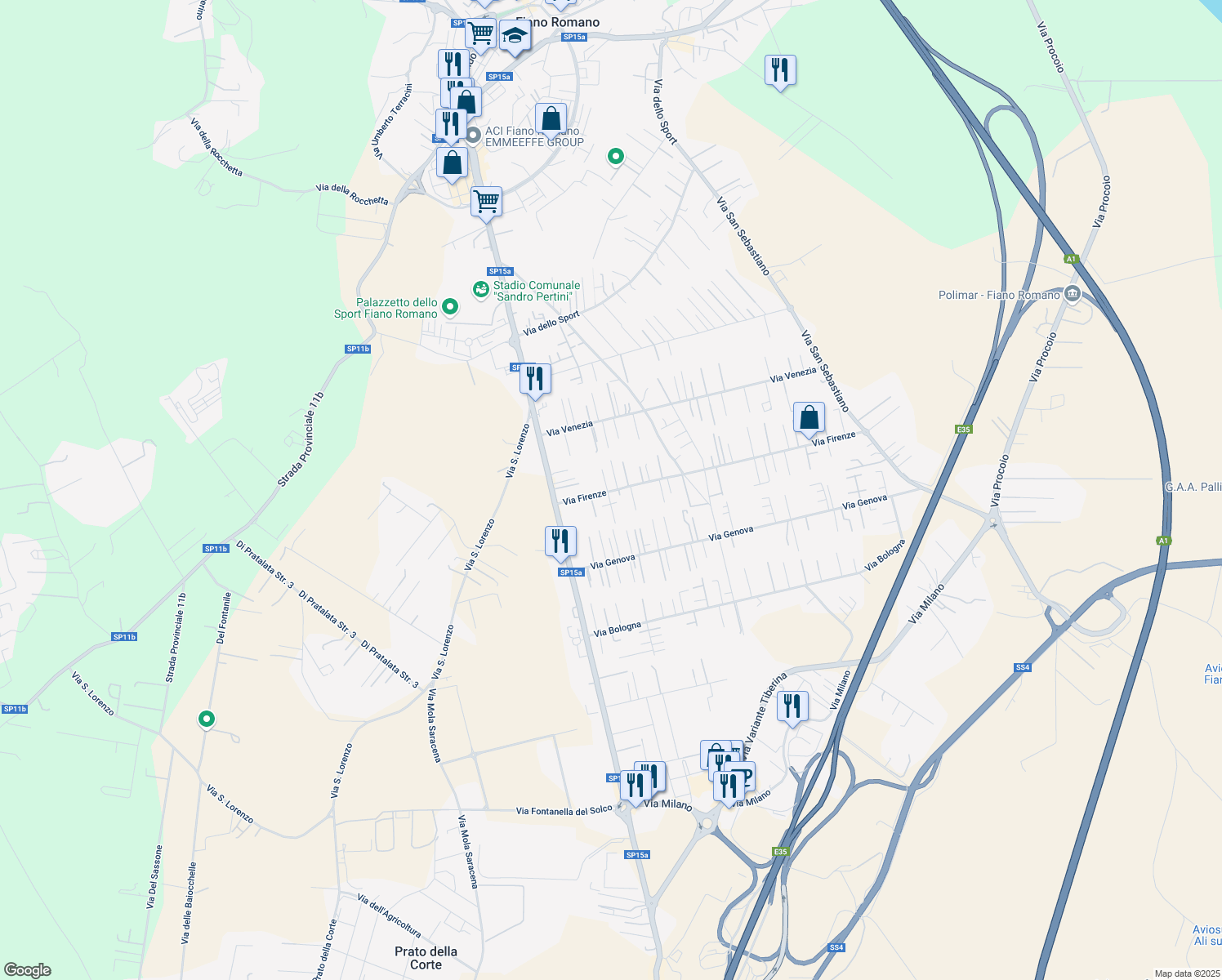 map of restaurants, bars, coffee shops, grocery stores, and more near 15 Via Firenze in Fiano Romano