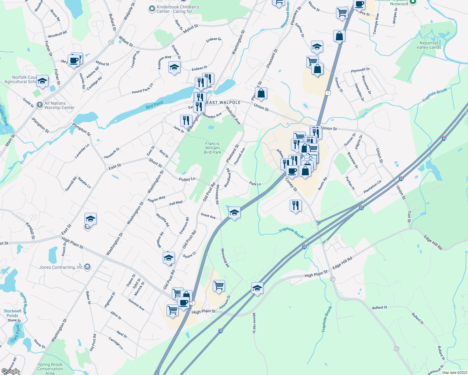 map of restaurants, bars, coffee shops, grocery stores, and more near 11 Vose Lane in Walpole
