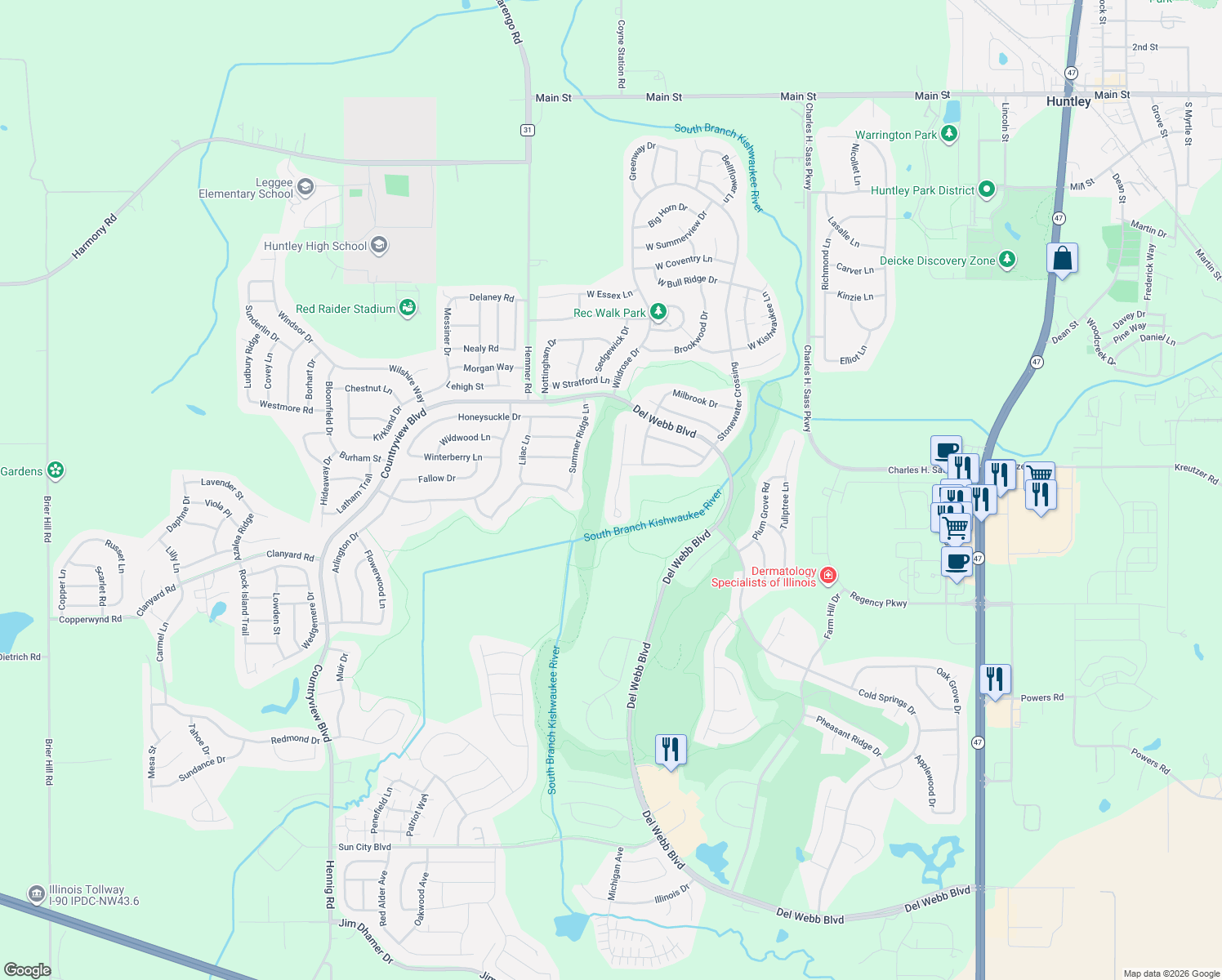 map of restaurants, bars, coffee shops, grocery stores, and more near 12173 Spring Creek Drive in Huntley