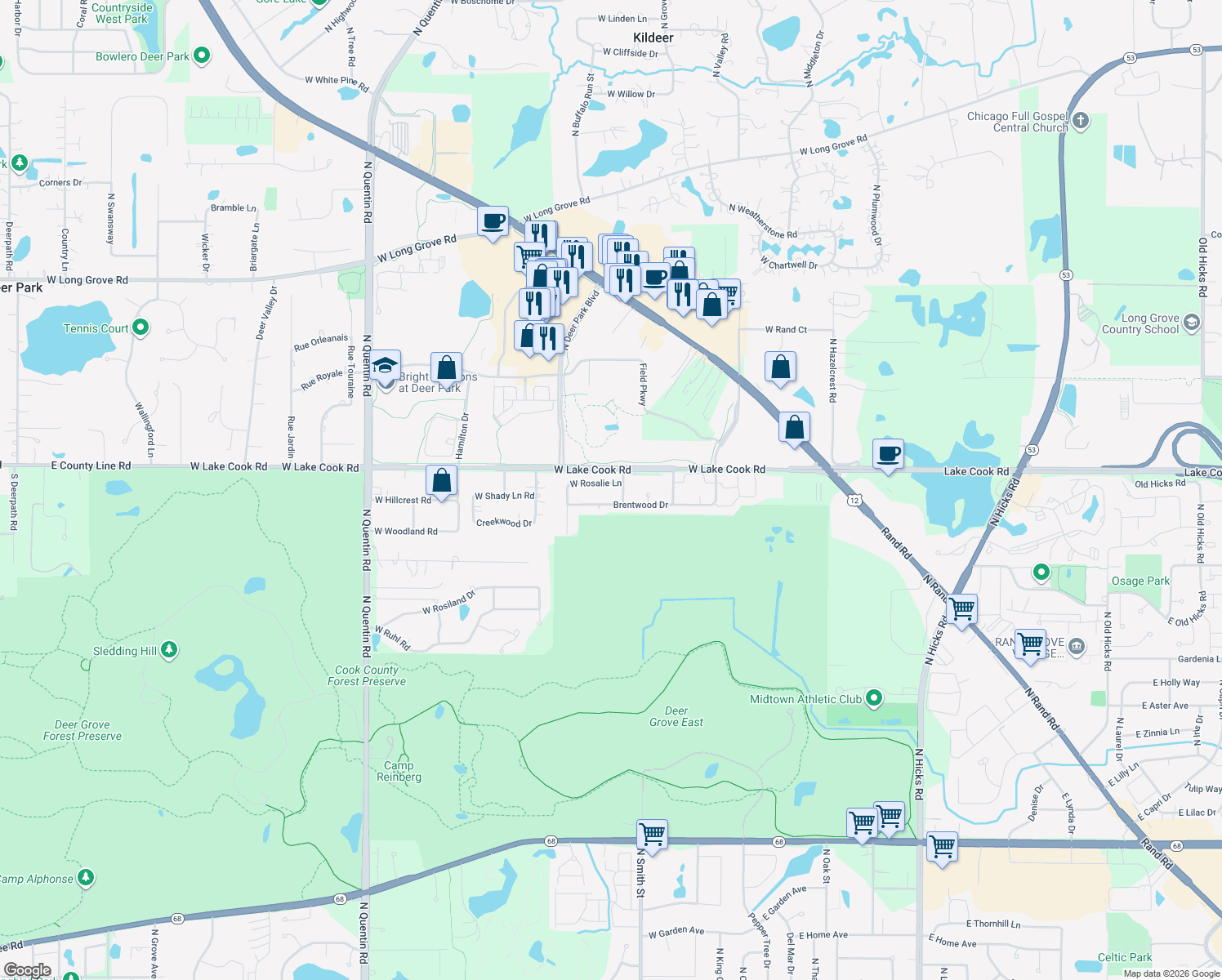 map of restaurants, bars, coffee shops, grocery stores, and more near 271 West Rosalie Lane in Palatine